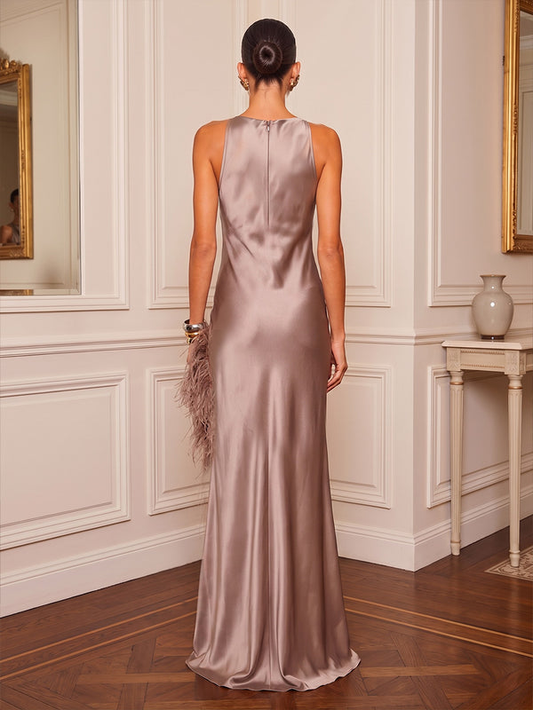 Sheath/Column Cowl Neck Satin Maxi Formal Dresses with Feather Trim & Slit