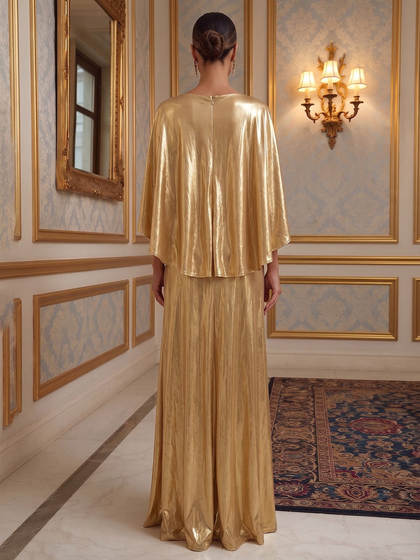 Metallic Satin A-Line/Princess V-Neck Maxi Formal Dresses with Ruched Waist