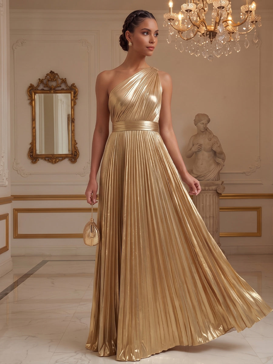 Metallic Satin A-Line/Princess One Shoulder Maxi Formal Dresses with Pleats