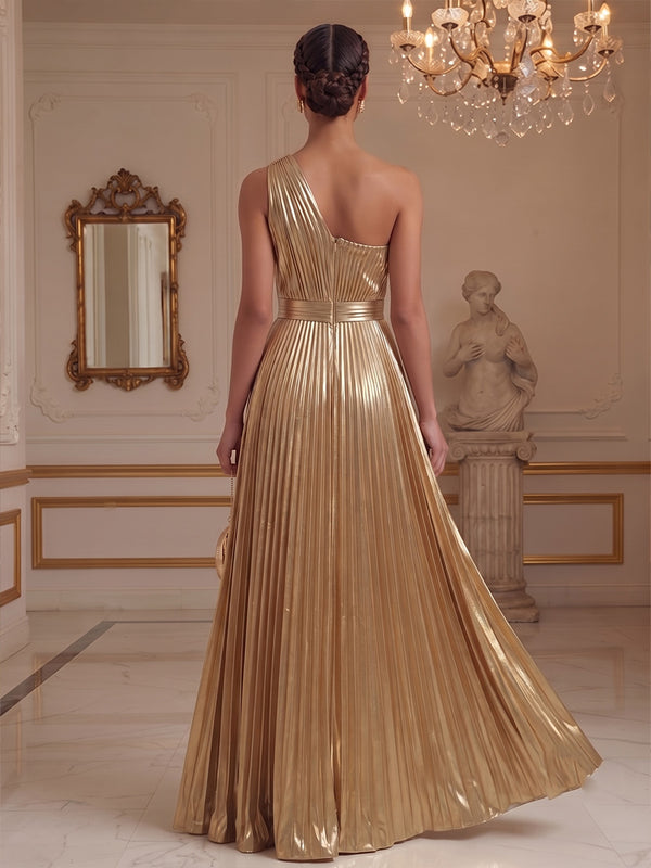 Metallic Satin A-Line/Princess One Shoulder Maxi Formal Dresses with Pleats