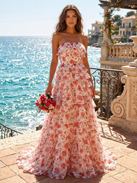 A-Line/Princess Strapless Floral Print Maxi Formal Dresses with Tiered Layers & Ruffles
