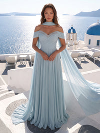 A-Line/Princess Off Shoulder Chiffon Maxi Formal Dresses with Scarf & Pleats