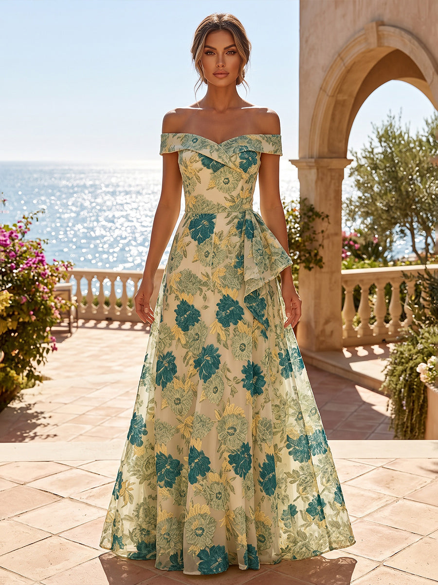 A-Line/Princess Off Shoulder Jacquard Maxi Formal Dresses with Ruffles & Pleats