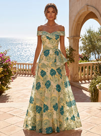 A-Line/Princess Off Shoulder Jacquard Maxi Formal Dresses with Ruffles & Pleats