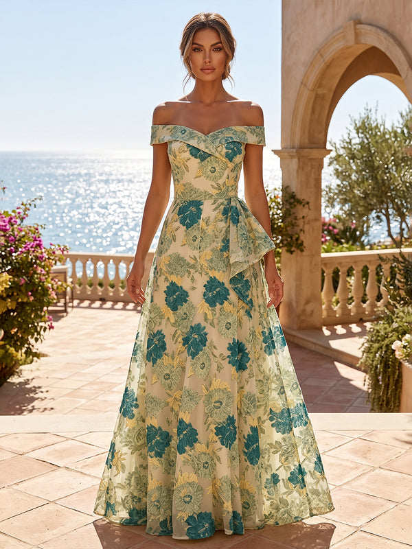 A-Line/Princess Off Shoulder Jacquard Maxi Formal Dresses with Ruffles & Pleats