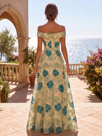 A-Line/Princess Off Shoulder Jacquard Maxi Formal Dresses with Ruffles & Pleats