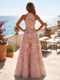 A-Line/Princess High Neck Floral Embroidery Maxi Formal Dresses with Pleats