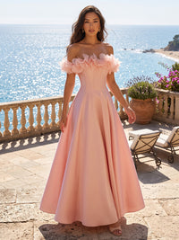 A-Line/Princess Off Shoulder Satin Maxi Formal Dresses with 3D Flowers, Coeset Bodice & Pleats