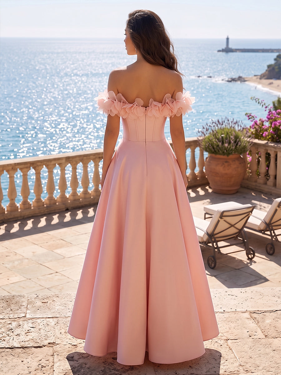 A-Line/Princess Off Shoulder Satin Maxi Formal Dresses with 3D Flowers, Coeset Bodice & Pleats