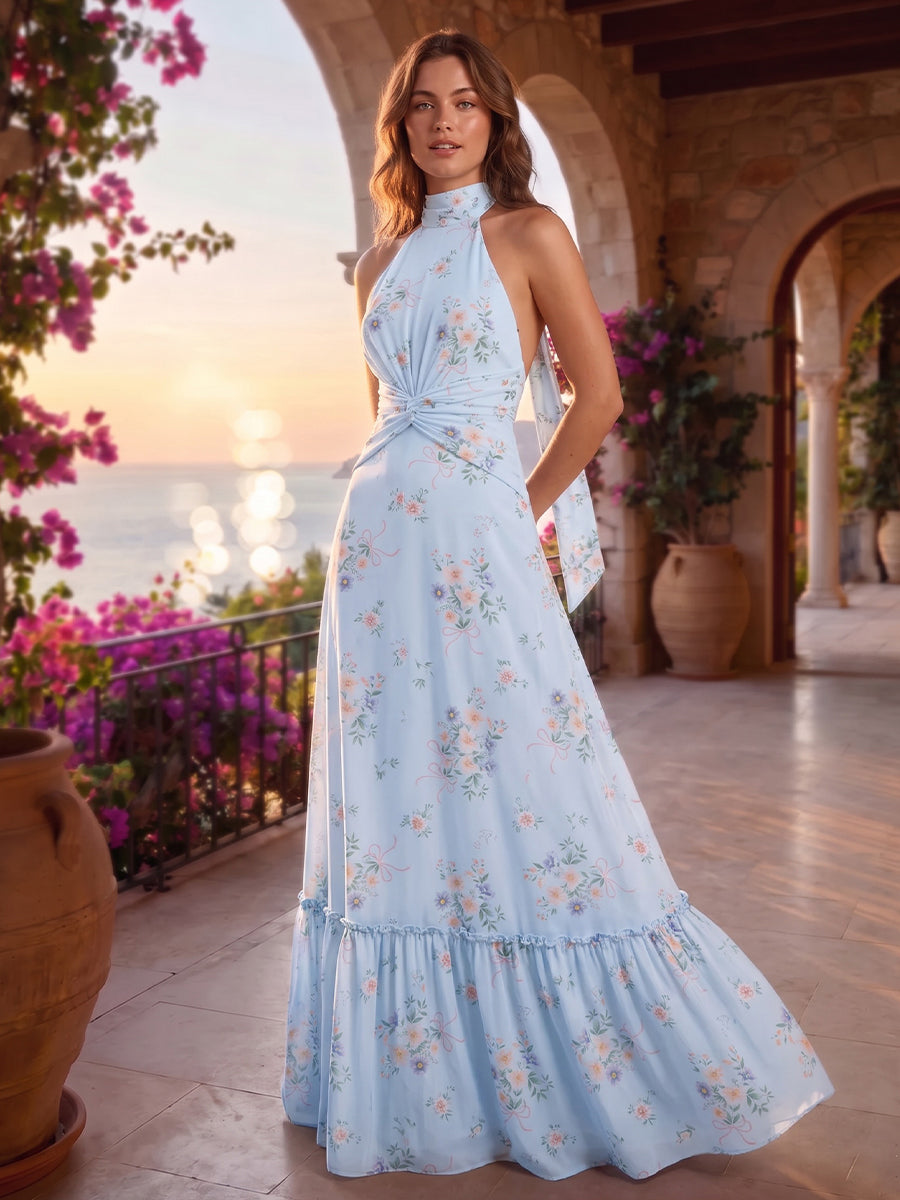 A-Line/Princess Halter Floral Print Maxi Formal Dresses with Ruched Waist
