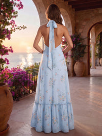 A-Line/Princess Halter Floral Print Maxi Formal Dresses with Ruched Waist