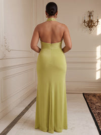 A-Line/Princess Halter Satin Maxi Plus Size Formal Dresses with Ruched Waist