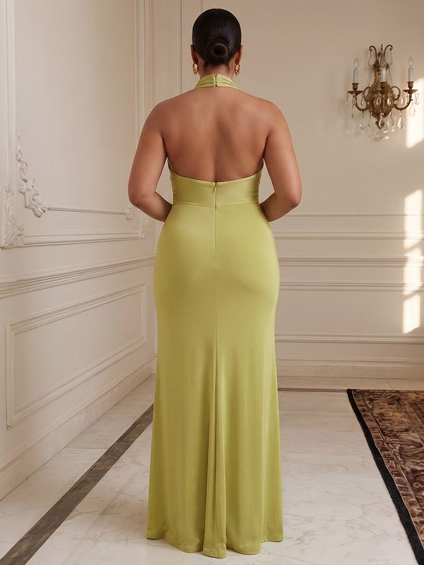 A-Line/Princess Halter Satin Maxi Plus Size Formal Dresses with Ruched Waist