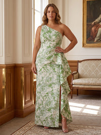 Sheath/Column One Shoulder Jacquard Maxi Plus Size Formal Dresses with Ruffles & Slit