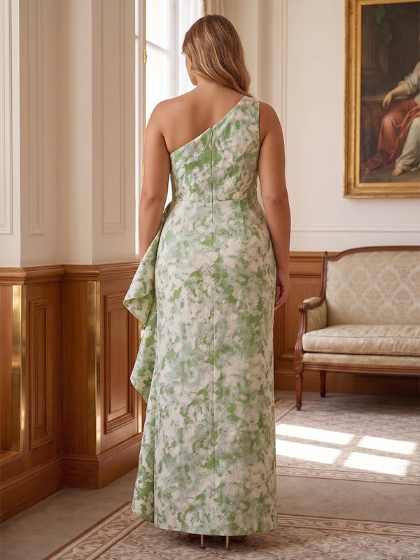 Sheath/Column One Shoulder Jacquard Maxi Plus Size Formal Dresses with Ruffles & Slit