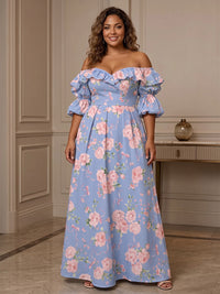 A-Line/Princess Off Shoulder Floral Print Maxi Plus Size Formal Dresses with Ruffles & Ruched Waist