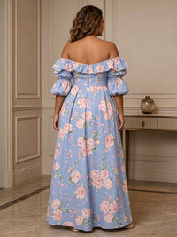 A-Line/Princess Off Shoulder Floral Print Maxi Plus Size Formal Dresses with Ruffles & Ruched Waist