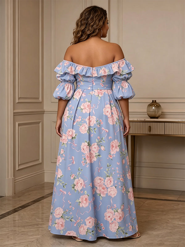 A-Line/Princess Off Shoulder Floral Print Maxi Plus Size Formal Dresses with Ruffles & Ruched Waist