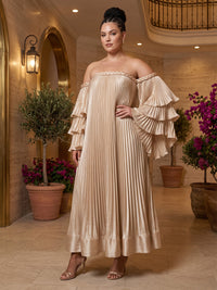 A-Line/Princess Off Shoulder Satin Maxi Plus Size Formal Dresses with Pleats