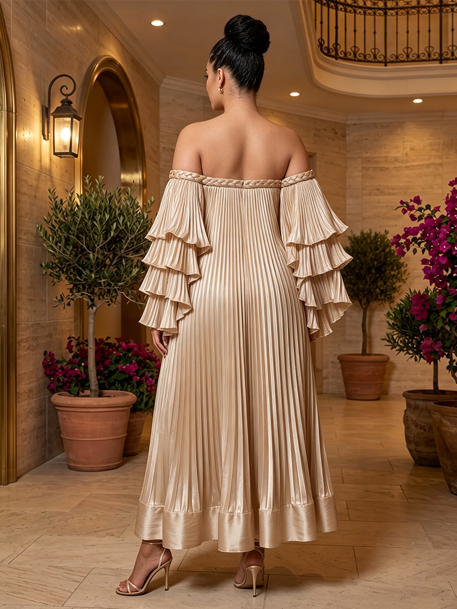 A-Line/Princess Off Shoulder Satin Maxi Plus Size Formal Dresses with Pleats