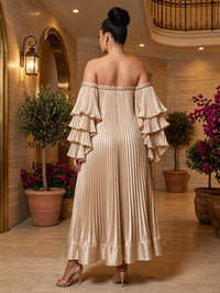 A-Line/Princess Off Shoulder Satin Maxi Plus Size Formal Dresses with Pleats