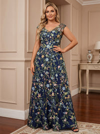 A-Line/Princess V-Neck Floral Embroidery Maxi Plus Size Formal Dresses for Women