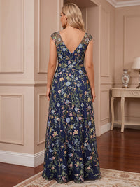 A-Line/Princess V-Neck Floral Embroidery Maxi Plus Size Formal Dresses for Women