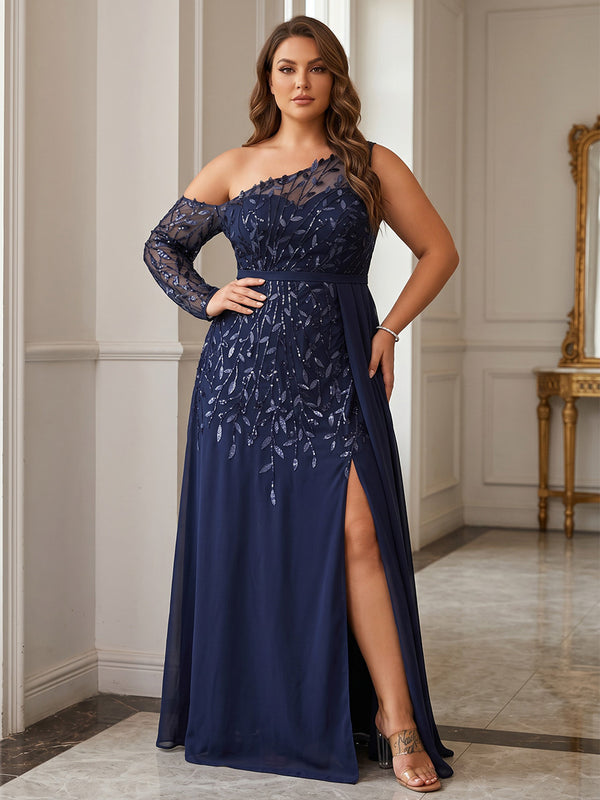 A-Line/Princess Off Shoulder Chiffon Maxi Plus Size Formal Dresses with Lace Appliques & Slit