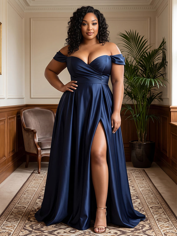 A-Line/Princess Off Shoulder Satin Floor-Length Plus Size Formal Dresses with Pleats & Slit