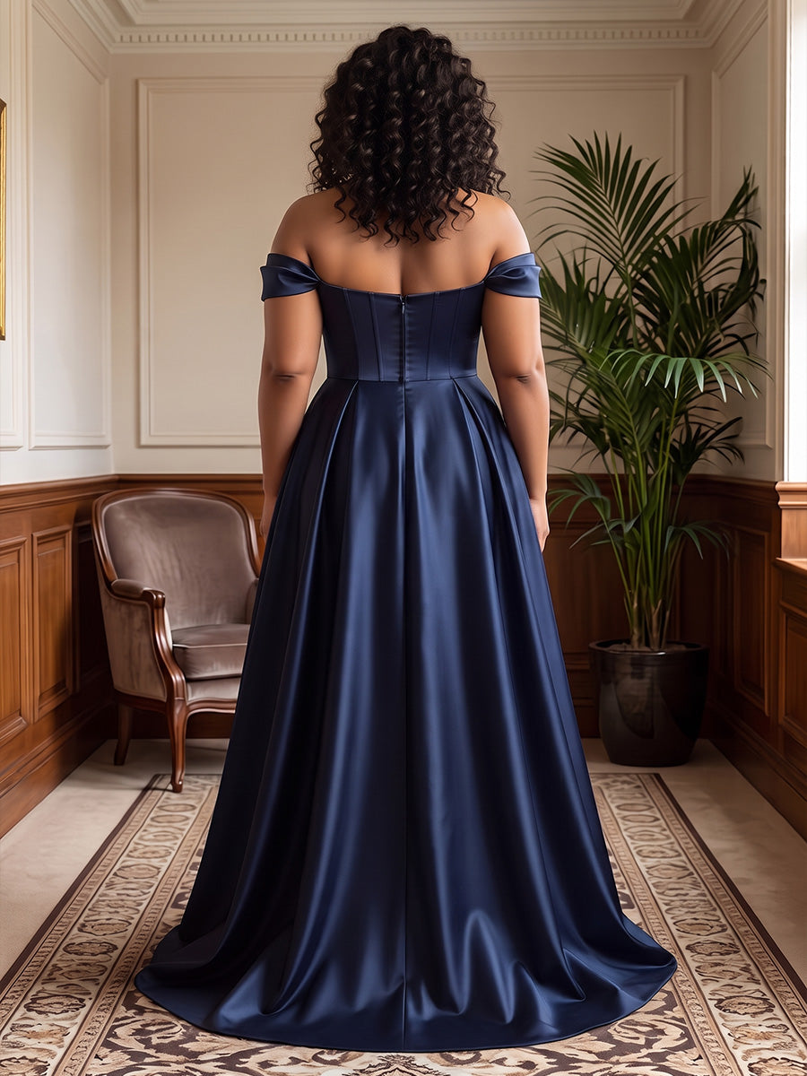 A-Line/Princess Off Shoulder Satin Floor-Length Plus Size Formal Dresses with Pleats & Slit