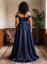 A-Line/Princess Off Shoulder Satin Floor-Length Plus Size Formal Dresses with Pleats & Slit