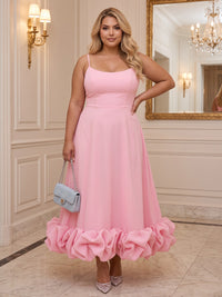 A-Line/Princess Spaghetti Straps Stretch Jersey Tea-Length Plus Size Formal Dresses with Ruffles