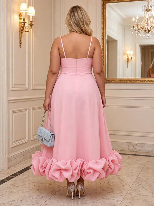A-Line/Princess Spaghetti Straps Stretch Jersey Tea-Length Plus Size Formal Dresses with Ruffles