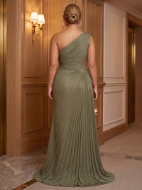 A-Line/Princess One Shoulder Satin Floor-Length Plus Size Formal Dresses with Pleats