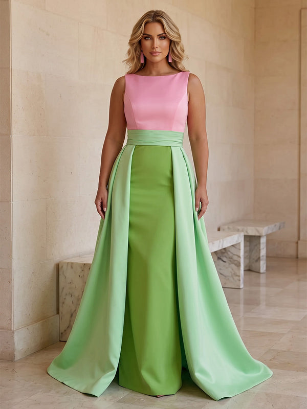 Sheath/Column Scoop Neck Satin Floor-Length Plus Size Formal Dresses with Ruched Waist & Sweep Train