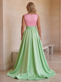 Sheath/Column Scoop Neck Satin Floor-Length Plus Size Formal Dresses with Ruched Waist & Sweep Train