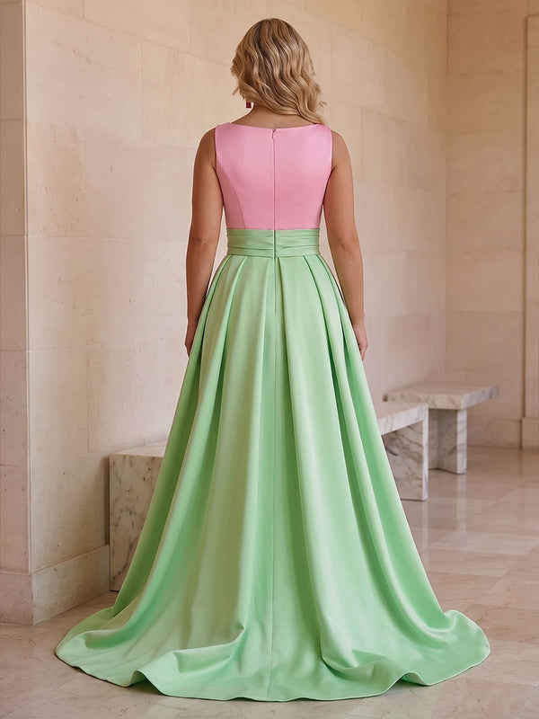 Sheath/Column Scoop Neck Satin Floor-Length Plus Size Formal Dresses with Ruched Waist & Sweep Train