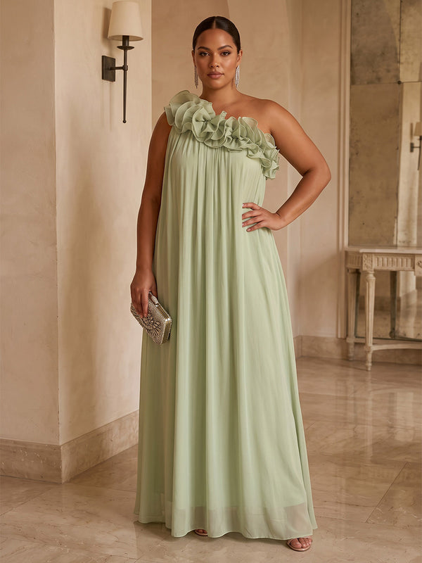 A-Line/Princess One Shoulder Chiffon Maxi Plus Size Formal Dresses with Ruffles & Pleats