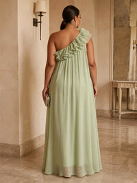 A-Line/Princess One Shoulder Chiffon Maxi Plus Size Formal Dresses with Ruffles & Pleats