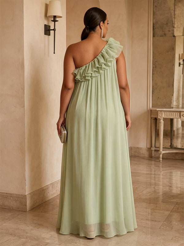 A-Line/Princess One Shoulder Chiffon Maxi Plus Size Formal Dresses with Ruffles & Pleats