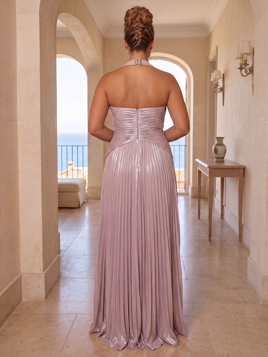 A-Line/Princess Halter Metallic Satin Maxi Plus Size Formal Dresses with Pleats