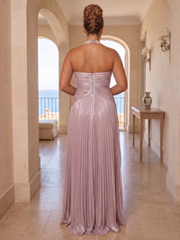 A-Line/Princess Halter Metallic Satin Maxi Plus Size Formal Dresses with Pleats