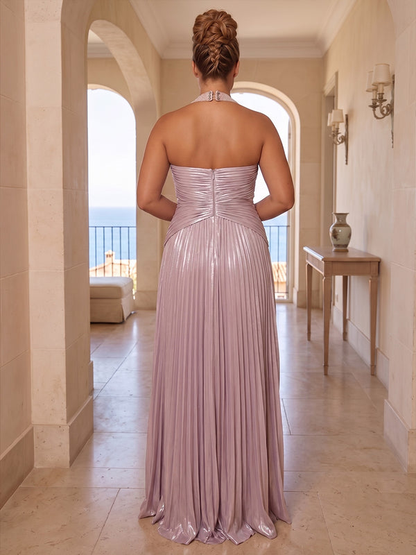 A-Line/Princess Halter Metallic Satin Maxi Plus Size Formal Dresses with Pleats
