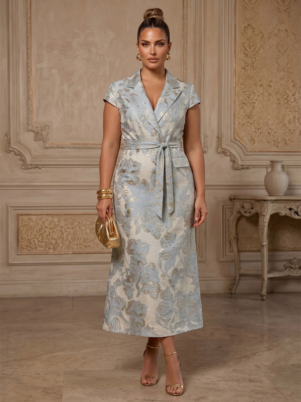 A-Line/Princess V-Neck Jacquard Tea-Length Plus Size Formal Dresses with Belt