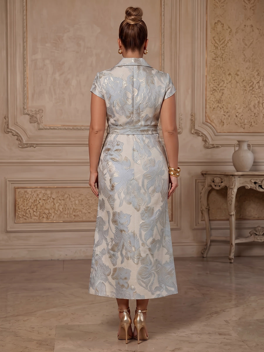 A-Line/Princess V-Neck Jacquard Tea-Length Plus Size Formal Dresses with Belt