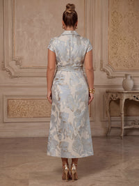 A-Line/Princess V-Neck Jacquard Tea-Length Plus Size Formal Dresses with Belt