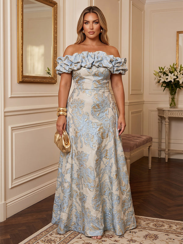 A-Line/Princess Off Shoulder Jacquard Maxi Plus Size Formal Dresses with Ruffles