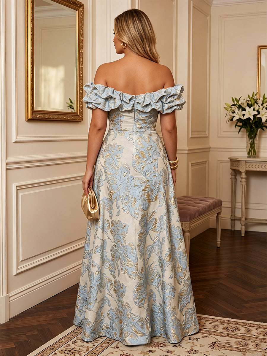 A-Line/Princess Off Shoulder Jacquard Maxi Plus Size Formal Dresses with Ruffles