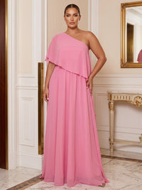 A-Line/Princess One Shoulder Chiffon Maxi Plus Size Formal Dresses with Pleats