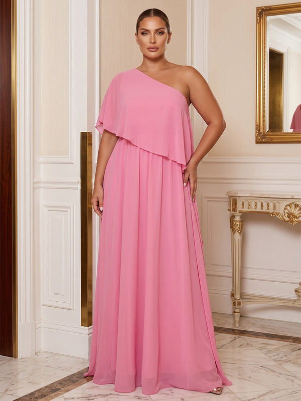 A-Line/Princess One Shoulder Chiffon Maxi Plus Size Formal Dresses with Pleats